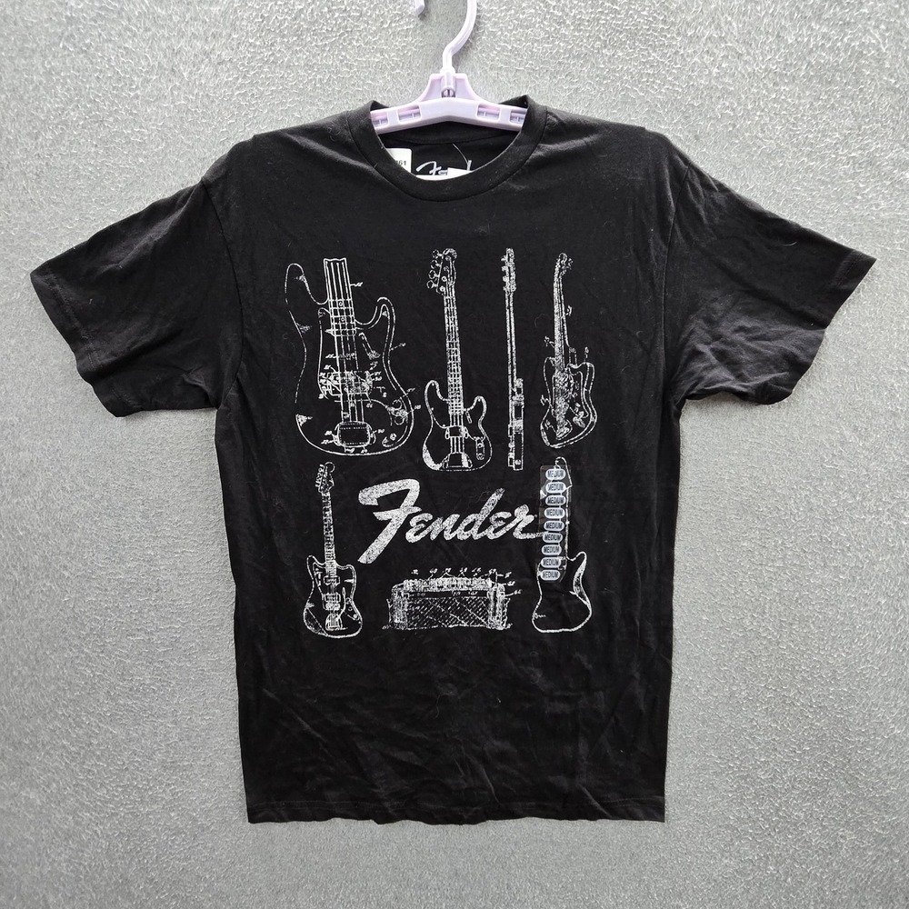Fender Men Shirt M Black Graphic Guitars Logo Short Sleeve Slim NWT